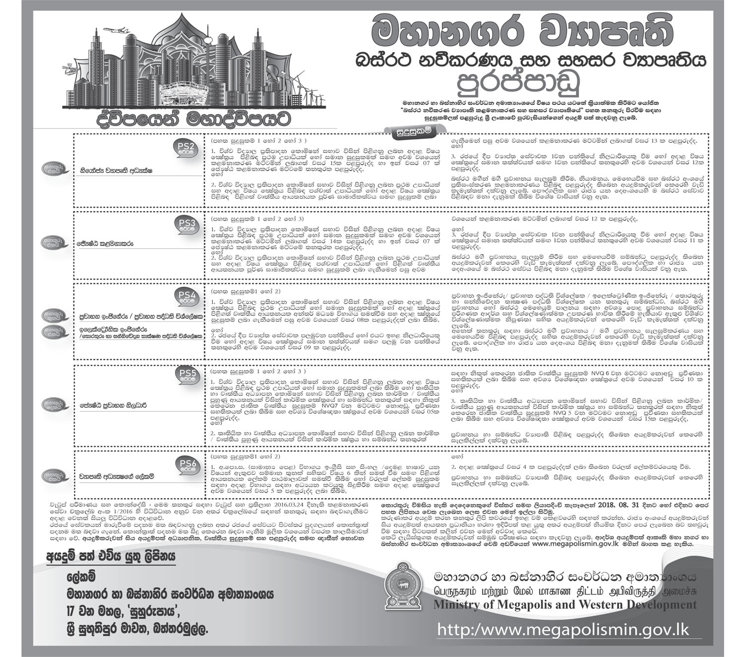 Deputy Project Director, Senior Manager, Transport Engineer/Transport System Analyst, Senior Transport Officer, Secretary to the Project Director - Ministry of Megapolis & Western Development